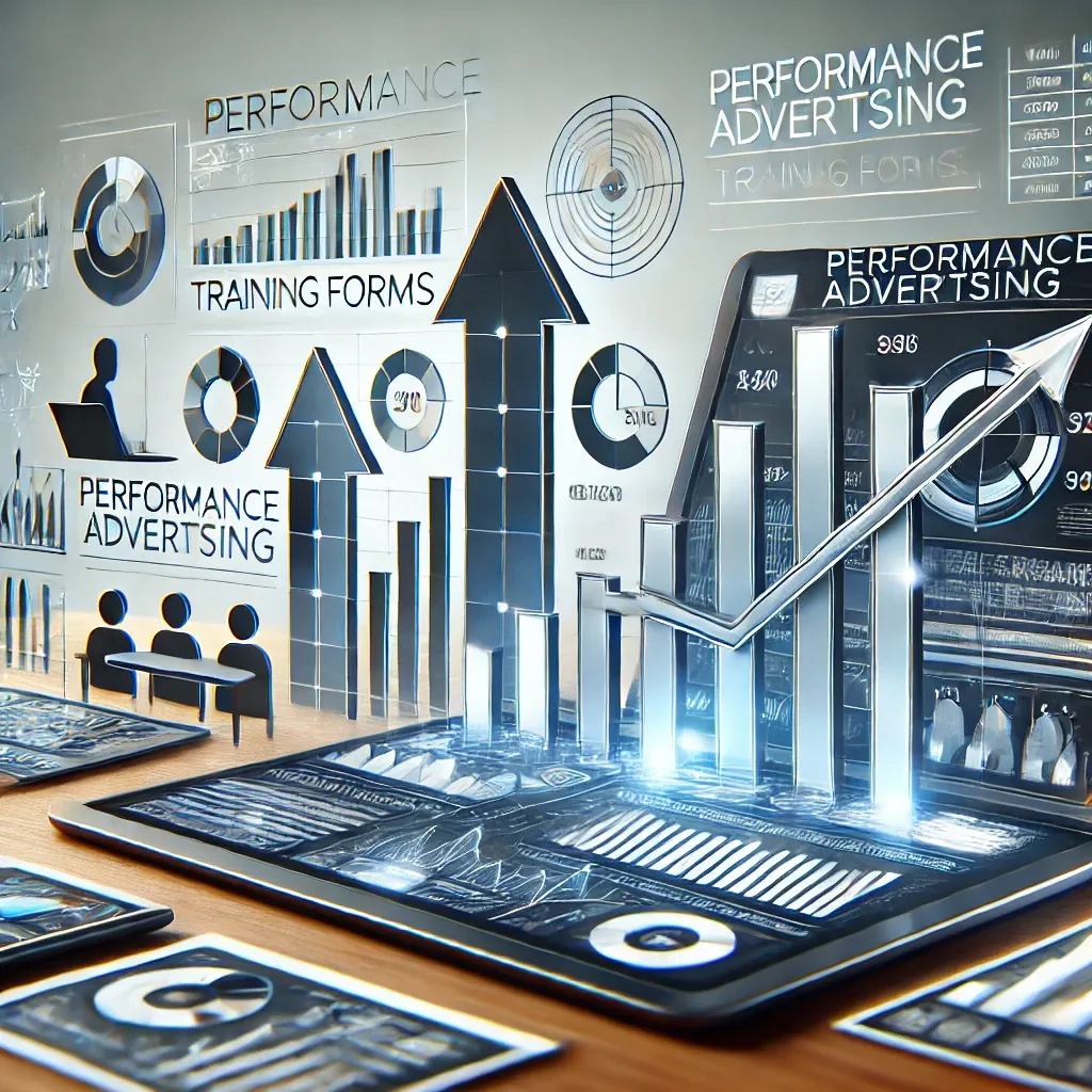 DALL·E 2024-09-16 13.19.49 - A clean, professional image representing performance advertising training forms. The image features upward arrows symbolizing growth and improvement, .webp